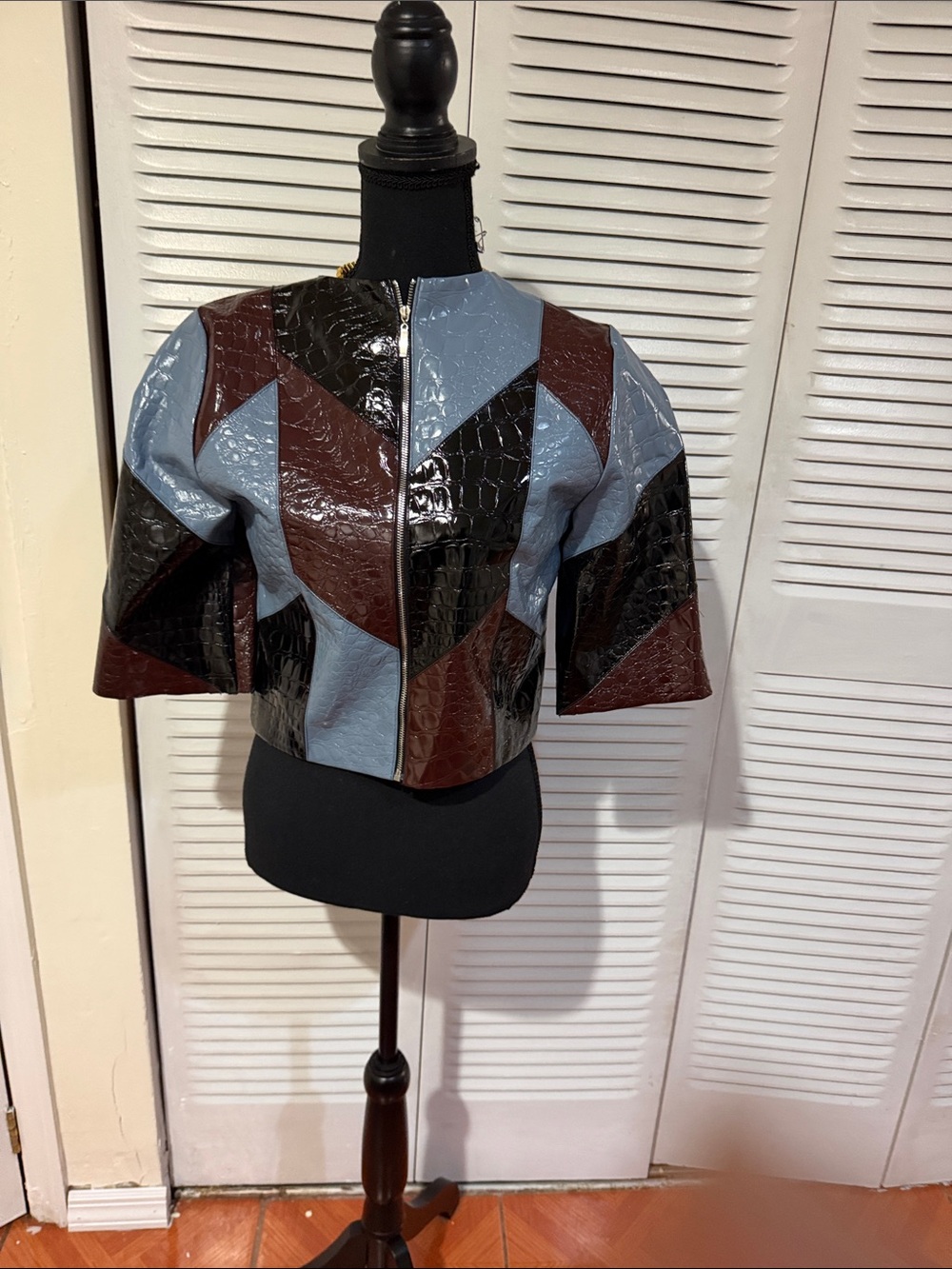 Cropped Colorblock Faux-Croc Leather Jacket in Blue, Brown & Black